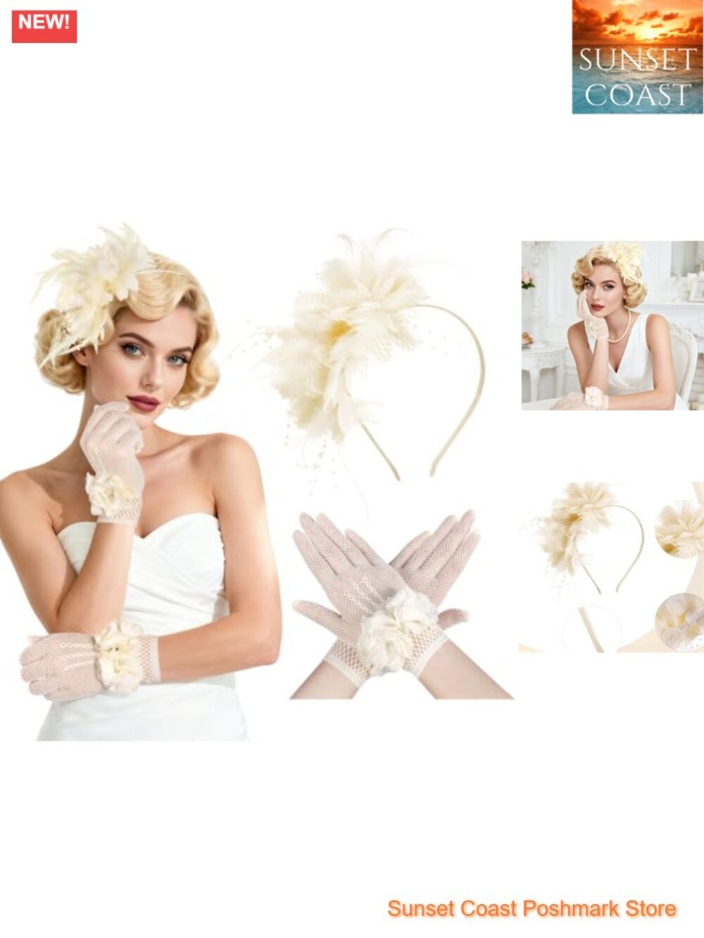 Womens Fascinator Hat & Tea Party Gloves Set Feather Pearl Veil One Size